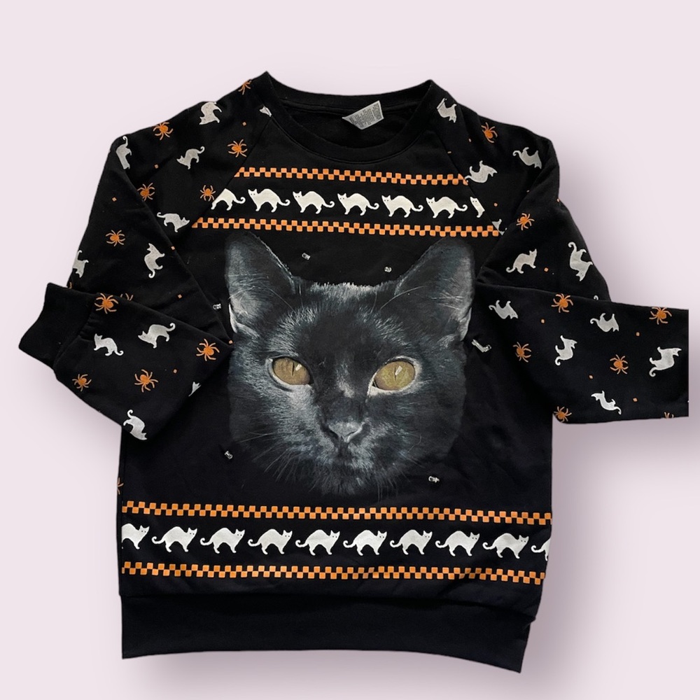 Light up! Spooky Halloween Cat & Spiders Pullover Sweater size XS